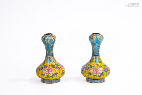 Pair of Chinese Canton Enamel Garlic Mouth Vases