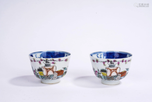 Pair of Famille Rose 'Antiques' Cups