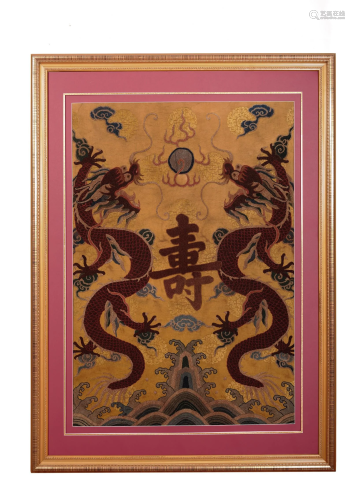 Chinese Yellow Ground Silk 'Dragon Pair‘ Embroidered