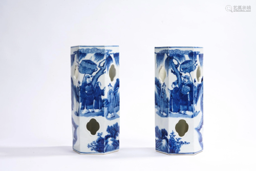 Pair of Chinese Blue and White Hexagonal Vases