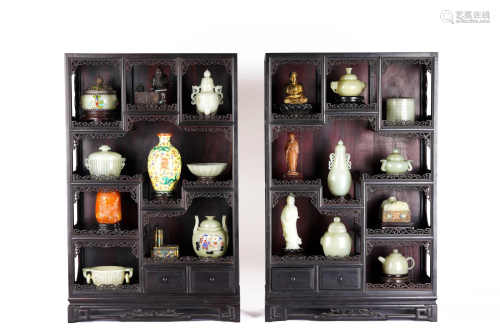 Pair of Chinese Zitan Curio Cabinets with Objects