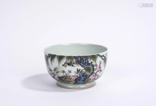 Chinese Famille Rose Bird and Flowers Poem Bowl