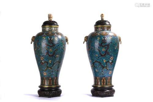 A Pair of Large Chinese Cloisonne Enamel Dragon Vases