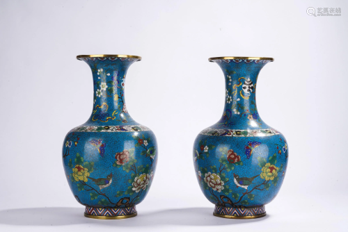 Pair of Chinese Cloisonne Enamel Birds Vases