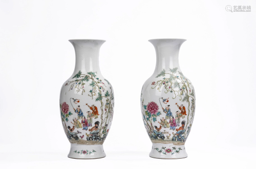 A Pair of Large Chinese Famille Rose Boys Vases