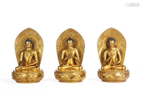 A Rare Set of Three Mongolian Gilt Bronze Buddha