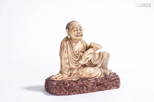Chinese Soapstone Figure of Arhat & Stand