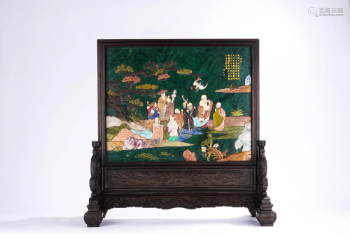 Chinese Green Jade Soapstone Inlaid Immortals Table