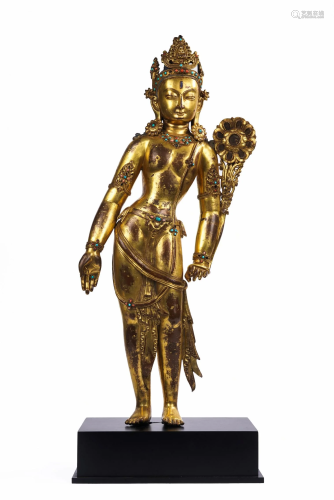 Rare & Large Nepalese Gilt Bronze Standing Bodhisattva
