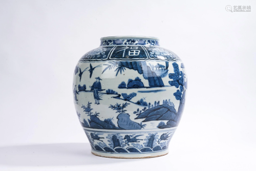 Chinese Blue and White Figure and Landscape Jar