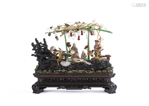 Gorgeous Chinese Zitan Raft with Soapstone & Jade