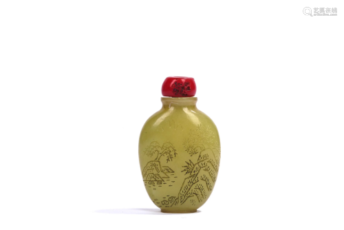 Chinese Yellow Jade Landscape Snuff Bottle