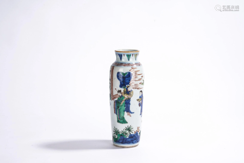 Chinese Famille Verte Story Scene Cylinder Vase
