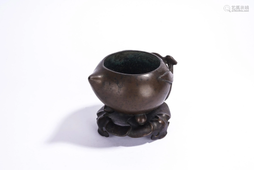 Chinese Bronze Peach Form Censer and Stand