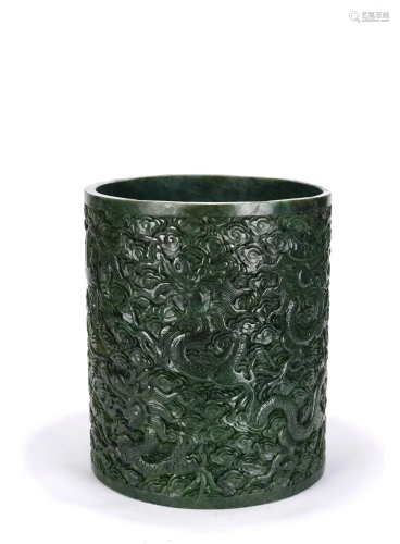 Large Chinese Spinach Green Jade Dragon Brush Pot