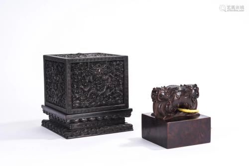 Chinese Boxwood Dragon Seal & Zitan Box