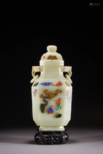 Chinese White Jade Inlaid Vase and Cover
