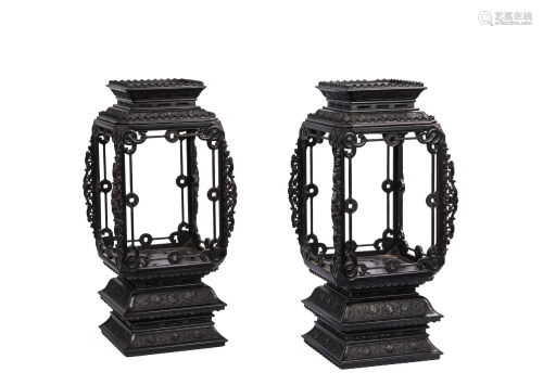 A Pair of Rare Imperial Chinese Zitan Carved Lanterns