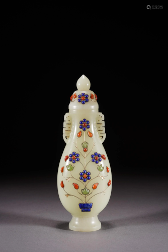 Chinese White Jade Inlaid Vase and Cover