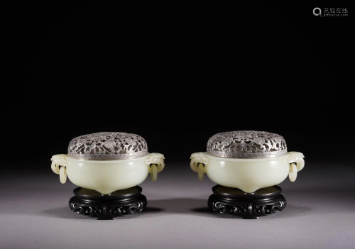 Pair of Chinese White Jade Censers w/ Silver Cover