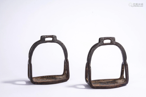 A Pair of Bronze Silver Wire Inlaid Horse Stirrups