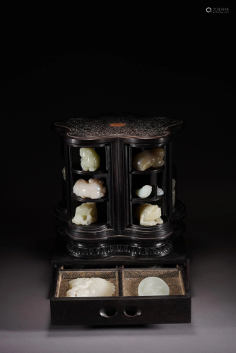 Chinese White Jade Carving Set & Rosewood Curio Cabinet