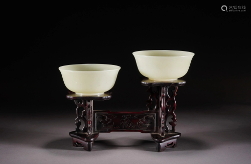 Pair of Chinese White Jade Bowls and Stand