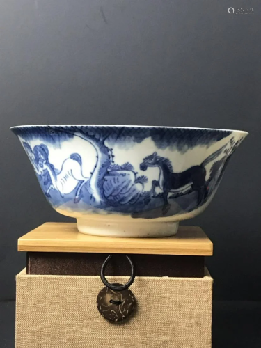 Guangxu Blue and White Horse Bowl 17 cm