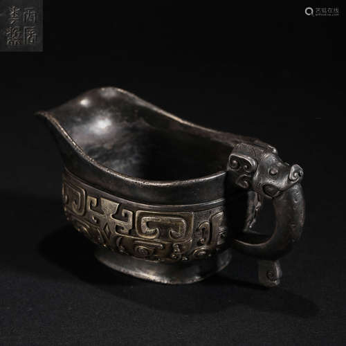 Silver beast design jue cup in Han Dynasty