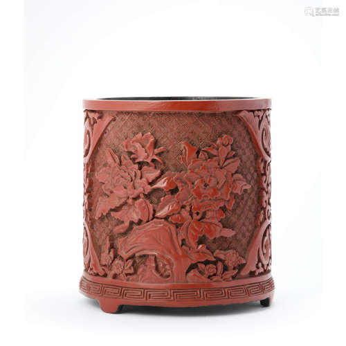 A Carved Cinnabar Lacquer Floral Brush Pot