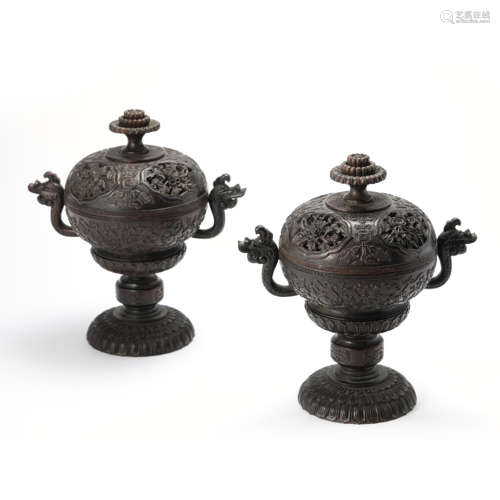 A Pair Of Openwork Sandalwood Double Dragon-Eared Incense Bu...