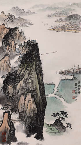 Chinese Mountains And River Painting Paper Scroll, Qian Song...