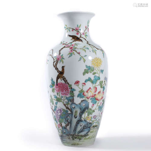 A Famille Rose Flowers And Birds Vase