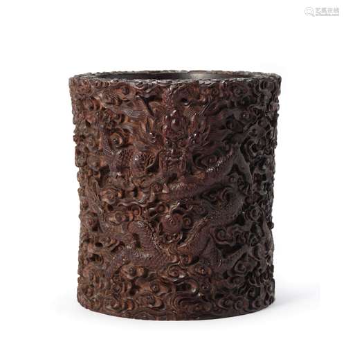 A Carved Sandalwood Dragon Brush Pot