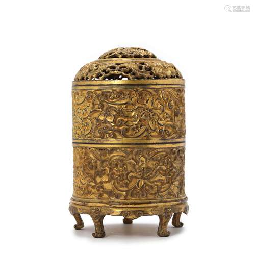 A Gilt Bronze Cylindrical Incense Burner