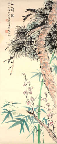 Chinese Bamboo, Pine And Prunus Painting Paper Scroll, Wu Qi...