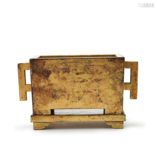 A Gilt Bronze Rectangular Double Loop-Handle Incense Burner