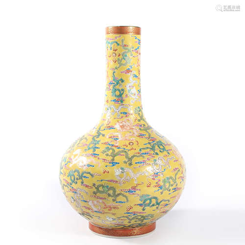 A Yellow Ground Famille Rose Dragon Bottle Vase