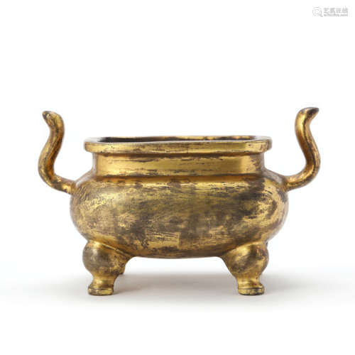 A Gilt Bronze Double-Eared Incense Burner