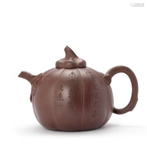 An Inscribed Purple Clay Melon-Shaped Tea Pot By Chen Mingyu...