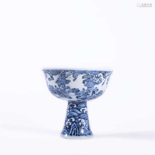 A Blue And White Sea Horse Stem Bowl