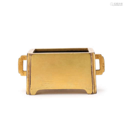 A Gilt Bronze Square Double Loop-Handle Incense Burner