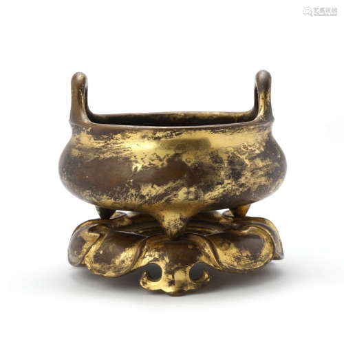 A Gilt Bronze Double Loop-Handle Tripod Incense Burner With ...