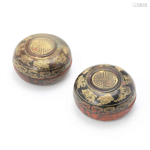 A Pair Of Lacquer Circular Eight Treasures Ink Boxes And Cov...