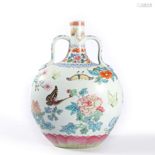 A Famille Rose Butterfly And Flowers Moon Flask