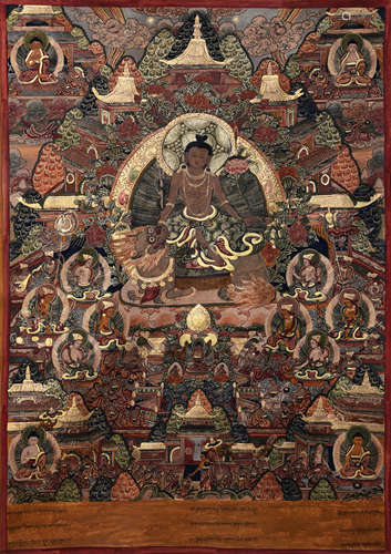 A Painted Thangka Panel Of Lion Avalokitesvara