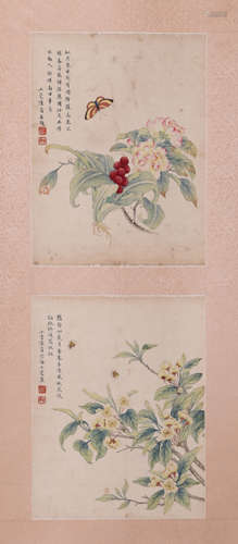 Two Screen Of Chinese Flowers Painting Paper Scroll, Lu Xiao...