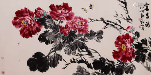 Chinese Peony Painting On Paper, Jin Moru Mark