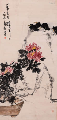 Chinese Flowers Painting Paper Scroll, Pan Tianshou Mark