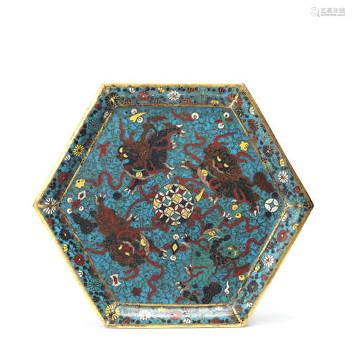 A Cloisonne Enamel Lion Hexagonal Dish